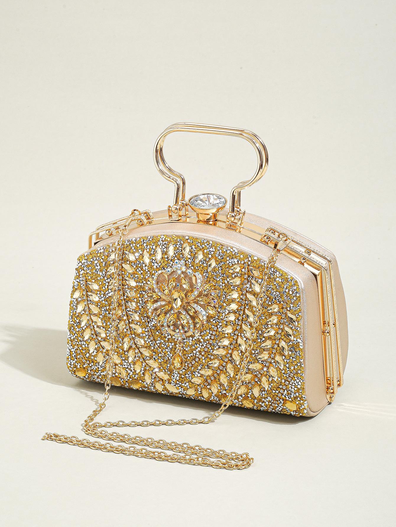 

Elegant Beads Decor Mini Satchel Dinner Bag, Classic Glitter Luxury Party Handbag For Women, Festival Gift For Women золотой