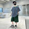 Kids Striped Summer Suit for Boy with Shorts 2 Piece Cotton Clothing Set Children Top and Bottom Clothes Set Tracksuit Age 5-14Y