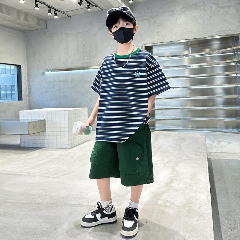 Kids Striped Summer Suit for Boy with Shorts 2 Piece Cotton Clothing Set Children Top and Bottom Clothes Set Tracksuit Age 5-14Y