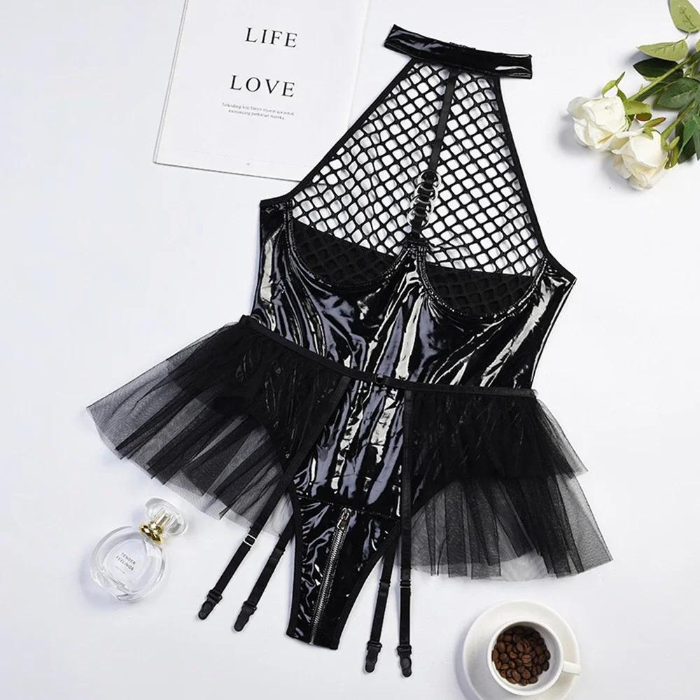 Mesh Hollow Out PU Latex Leather Open Crotch Bodysuit Women Sexy Lingerie Underwear Set Erotic See Through Costumes