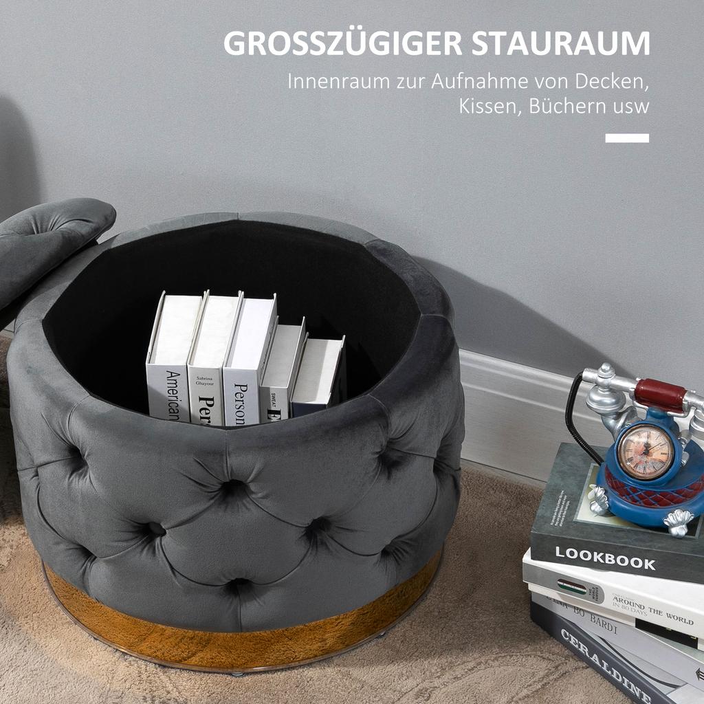 Vintage Hocker, Sitzhocker Aufbewahrungshocker Hocker Fußhocker mit Aufbewahrung, Gepolsterter Hocker, Metall, Schaumstoff, Anthrazitgrau, 55 x 55 x 42 cm