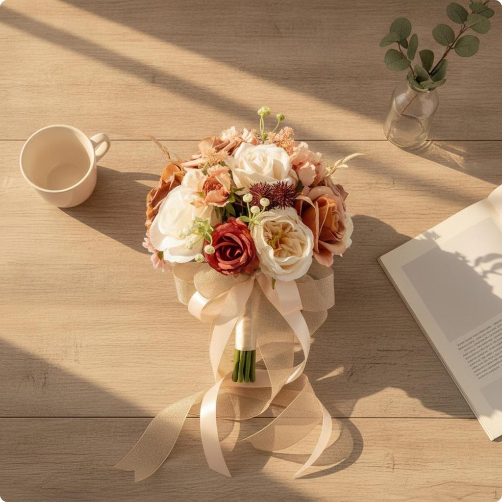 Wedding Bouquet with Ribbons Artificial Bridal HandTied Flowers for Brides, Bridesmaids,
