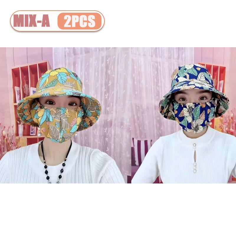 1-2PCS Women‘s Sun Hat with Face Mask Floral Leaf Pattern Wide Brim UV Protection for Outdoor Hiking Gardening Beach