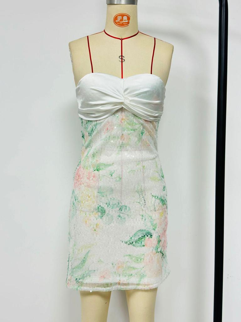 New Floral Lace-up Bandeau Bowknot Dress for Women