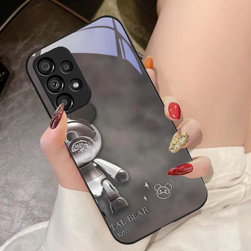 Crystal Metal Bear For Samsung Galaxy S10 4G S20 11E 30 S21 21Fe 22 S24 Pro S23 Ultra 5G S8 S9 Tempered Glass Phone Case