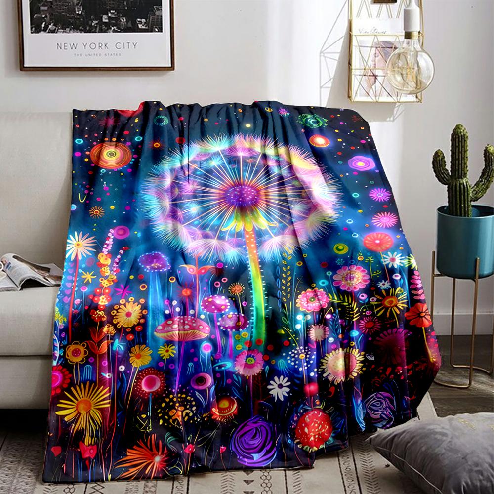 Colorful Dandelion and Flower Pattern Blanket with Starry Design Blanket, Suitable for Use In the Bedroom, Living Room, On the Sofa