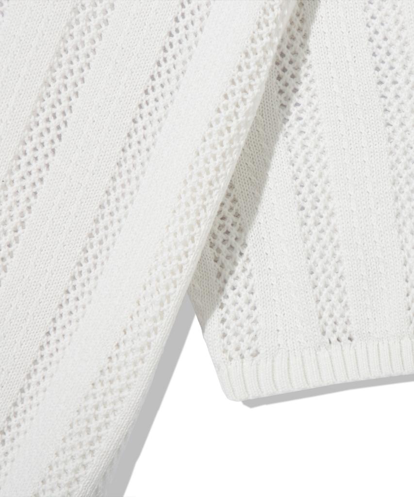 TRILLION Striped Curly Button Collar Short Sleeve Knit [Ivory]