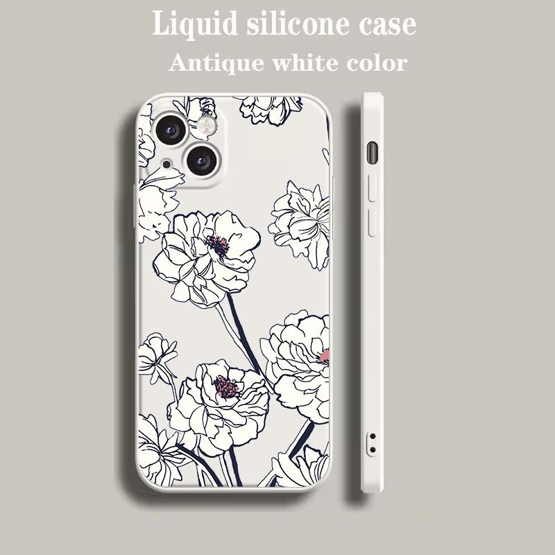 Luxury Color Phone Case For iPhone 15 14 13 12 mini 11 Pro Max XS X XR SE 7 8 Plus soft Silicone Beige Cover Flower