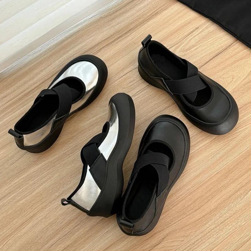 Módní Retro Tenisky s Tlustou Podrážkou Křížené Elastické Pásky Mary Jane Mělké Malé Kožené Boty Kulatá Špička Baleríny pro Ženy