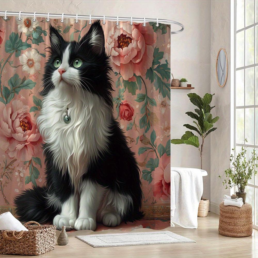 Elegante Schwarz-Weiß-Katze mit Blumen Duschvorhang Wasserdicht Leicht zu Reinigen Sichtschutz Druck Haustierkunst Design Vintage