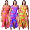 Plus Size Pink Orange Tie Dye One Shoulder Ruffle Split Maxi Dress