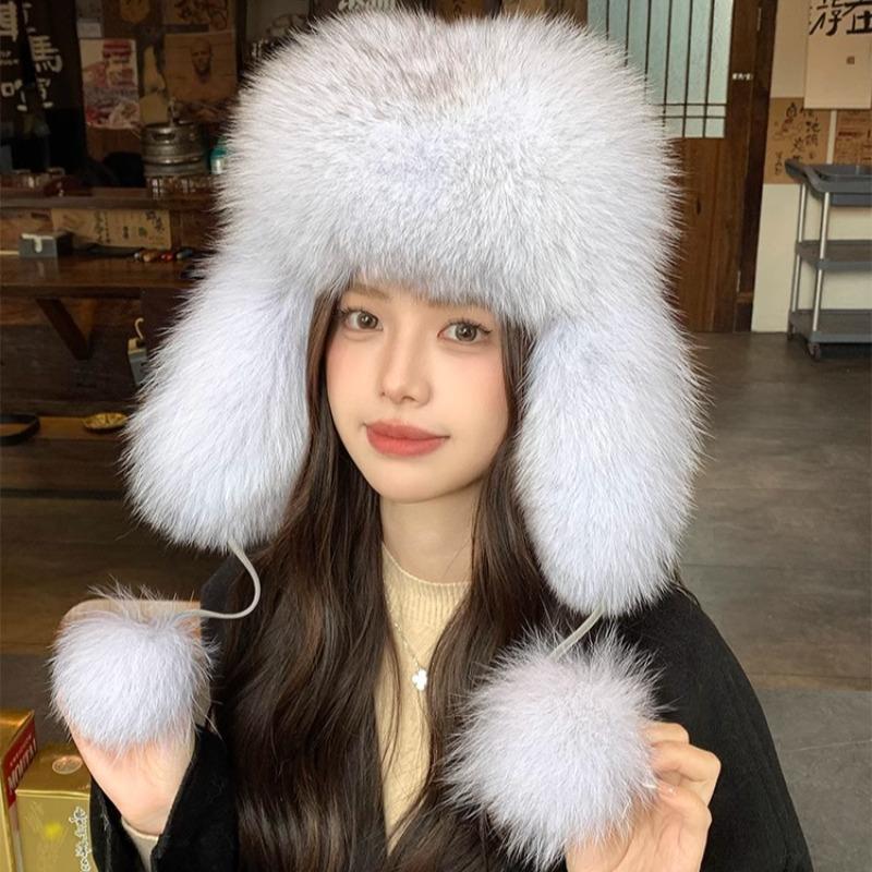 Fox Fur Ear Protection Fur Lei Feng Hat Female Ski Hat Parent-child Furry Hat Headband Hat Thickened Warm Snow Hat