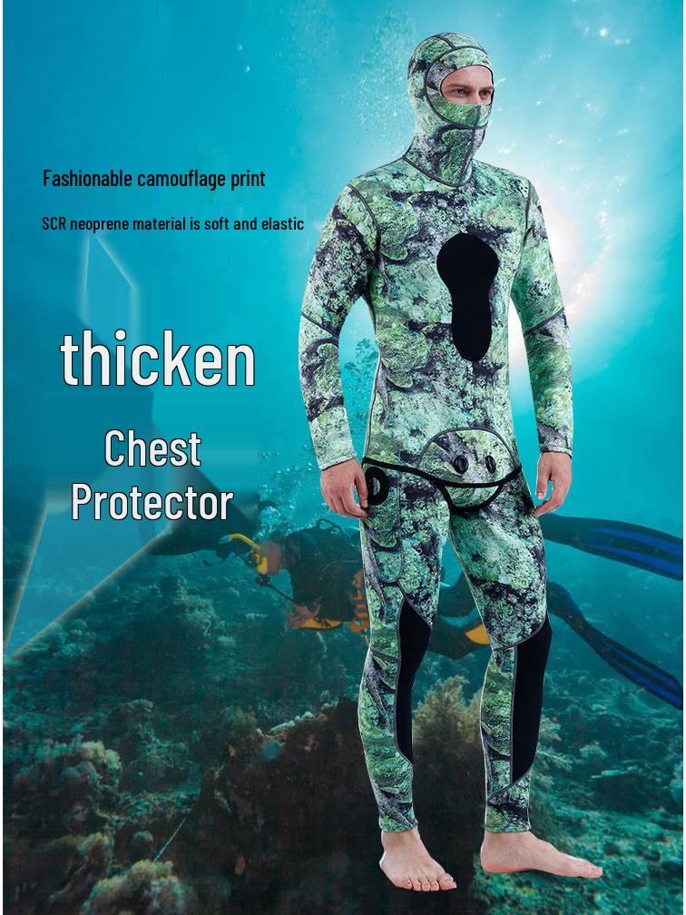 3mm Camouflage Two-Piece Wetsuit with Hood for Diving, Spearfishing, Freediving, and Snorkeling