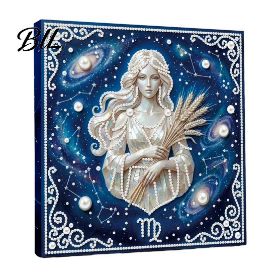 Faux Pearl Painting Crafts DIY Kit, 12 Zodiac Signs Rhinestone Art Set for Kit Adults Beginners, Handmade Wooden Frame Fake Wall Decoration