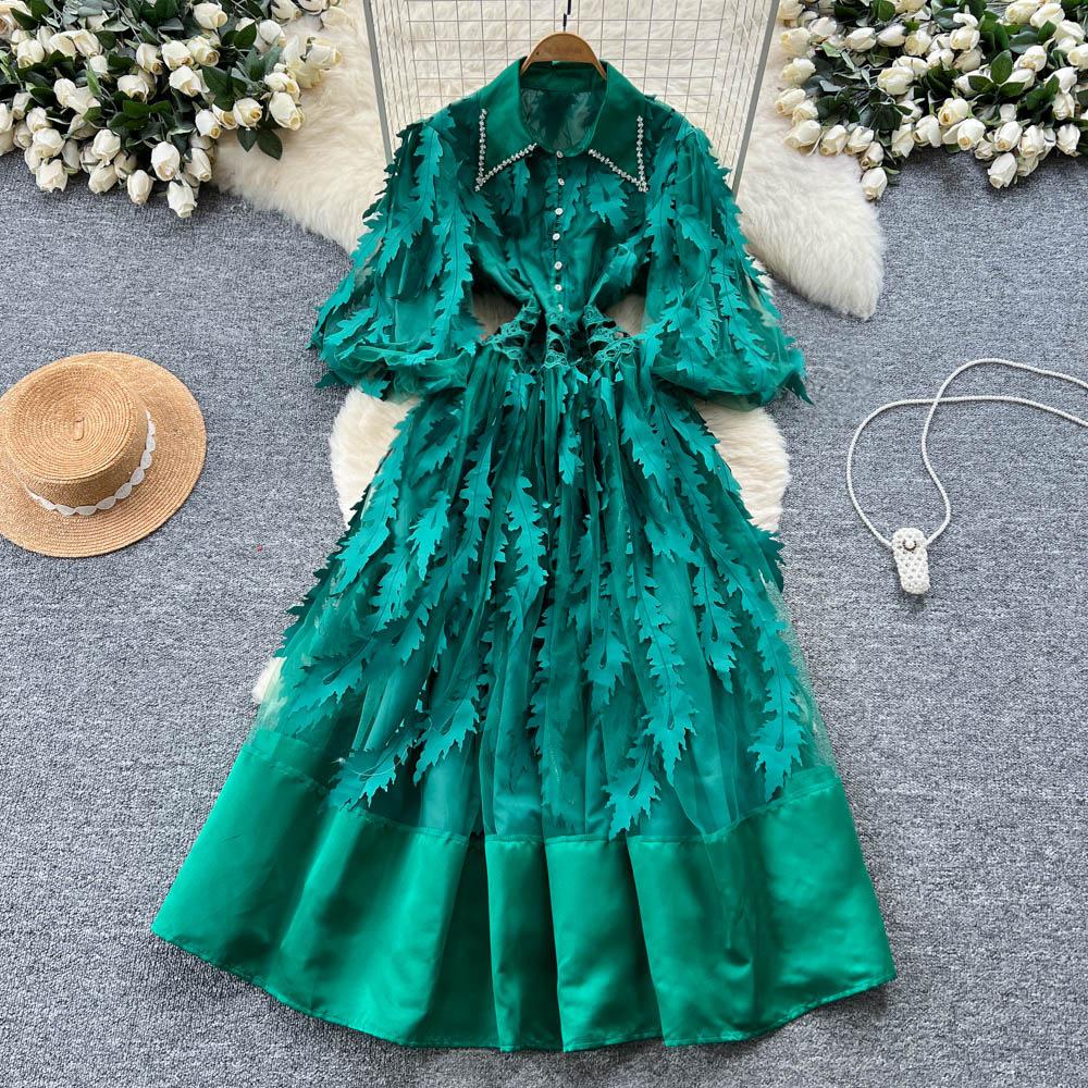 French retro court style dress women's autumn bead lapel lantern sleeve three-dimensional flower mesh dress