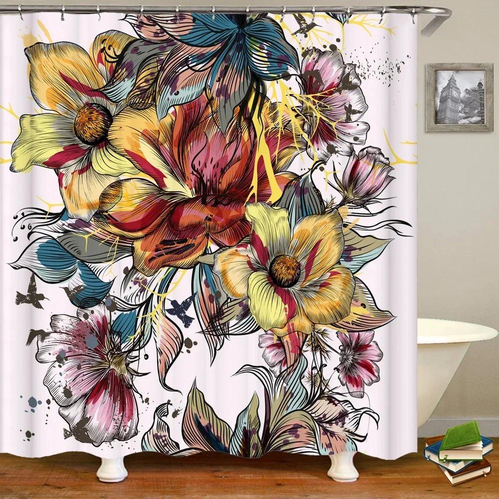 3D European Beautiful Flower Printing Bathroom Curtain Waterproof Polyester Shower Curtain Home Decoration Curtain With Hooks