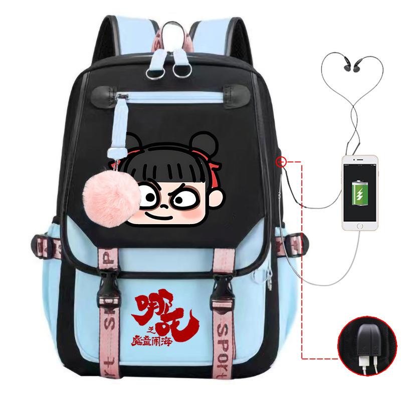 Cartoon Movie Nezha Printing Leisure Burden Reduction Travel Bag Backpack Multi-Function Large Capacity Usb Student Schoolbag