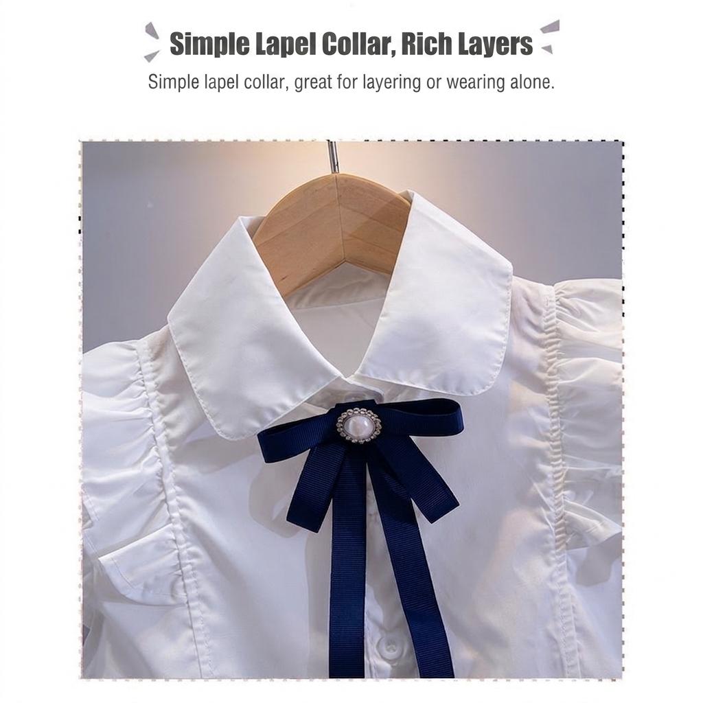 Girls White Shirt Cotton Sleeveless Lace Collar Ruffle Blouse Children School Uniform Top Student Class Wear Spring Autumn Korean Style Fashion Design