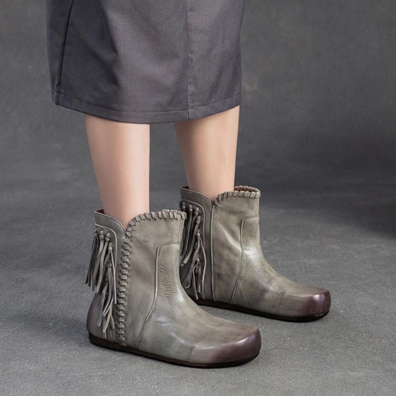 Johnature Retro Short Boots Genuine Leather Versatile Tassel Fashion Comfortable Women's Shoes