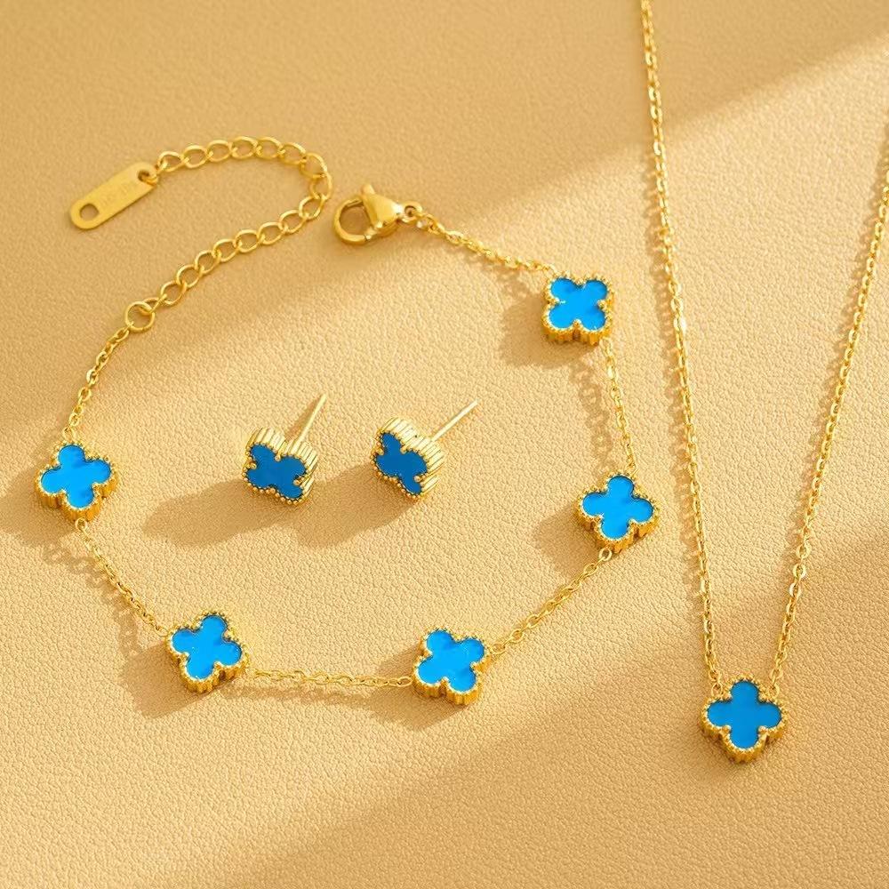 Titanium Steel 9mm Small Four-leaf Clover Bracelet Necklace and Earring Set Colorfast Luxury Jewelry