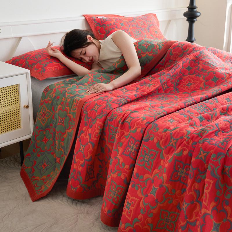 Class A Cotton Towel Blanket: 3-Layer Gauze, Yarn-Dyed Jacquard, 4-Seasons Bedspread, Air Conditioning Quilt, 3-Piece Set