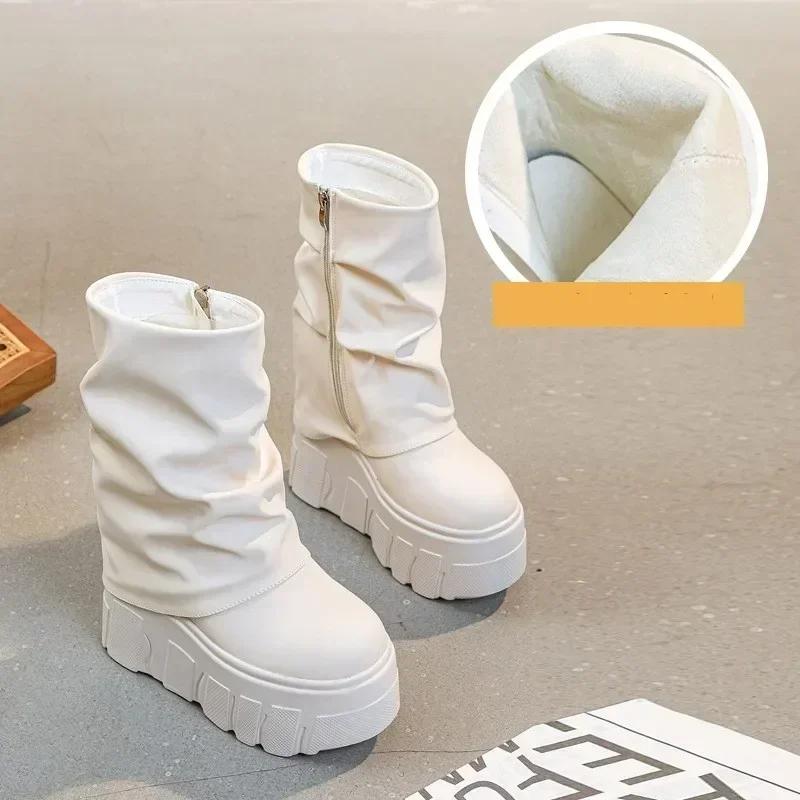 Moda 14CM Nowe Botki Buty Naturalne Skórzane Buty Z Mikrofibry 2025 Zimowe Damskie Buty Motocyklowe Platforma Damskie Modne Botas