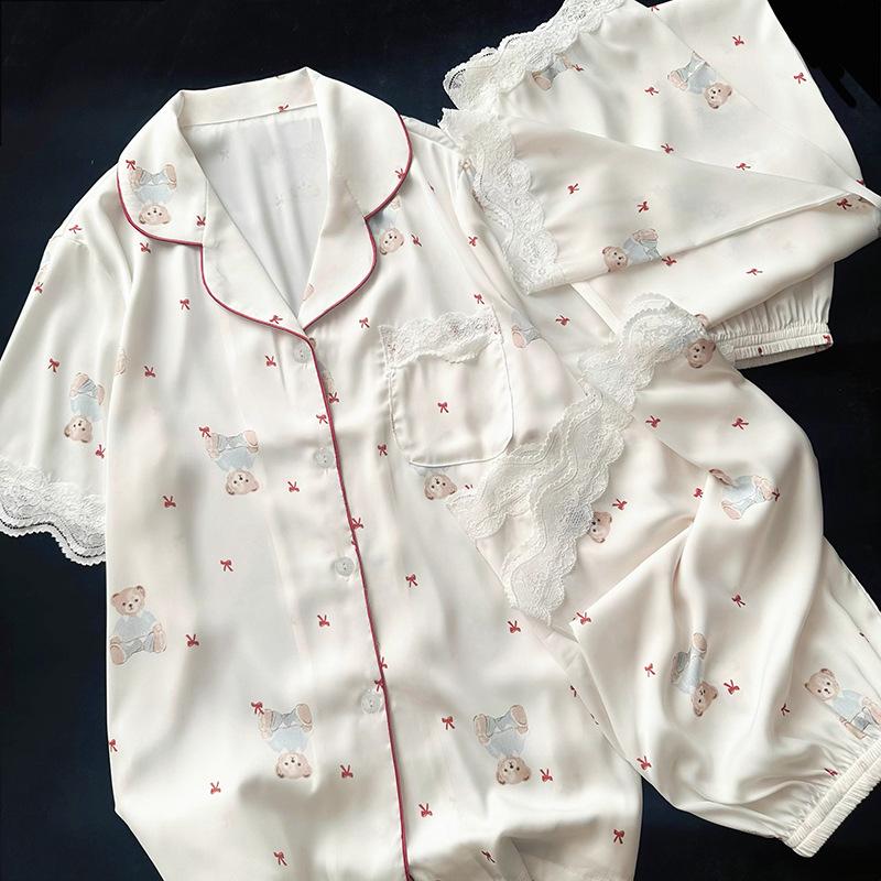 Sweet Princess Wind Bear Print Can Be Worn Outside Short-Sleeved Pajamas Loungewear Three-Piece Set