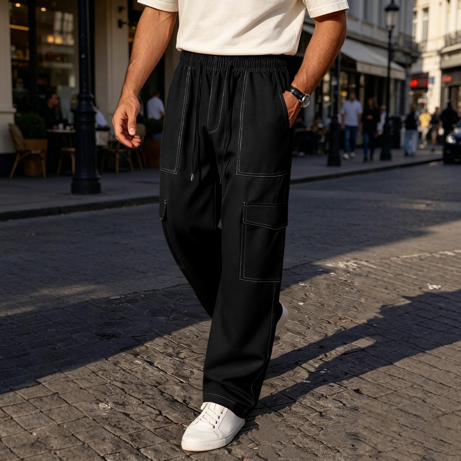 

Men’s Relaxed Fit Multi Pocket Cargo Pants with Elastic Waistband Drawstring and Utility Design for Casual Wear L чёрный