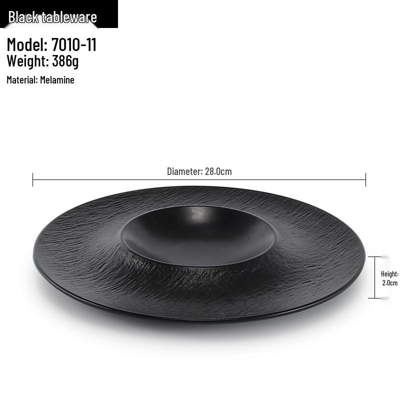 Melamine Black Round Plate for Pasta, Steak, Hot Pot, BBQ, and Tableware