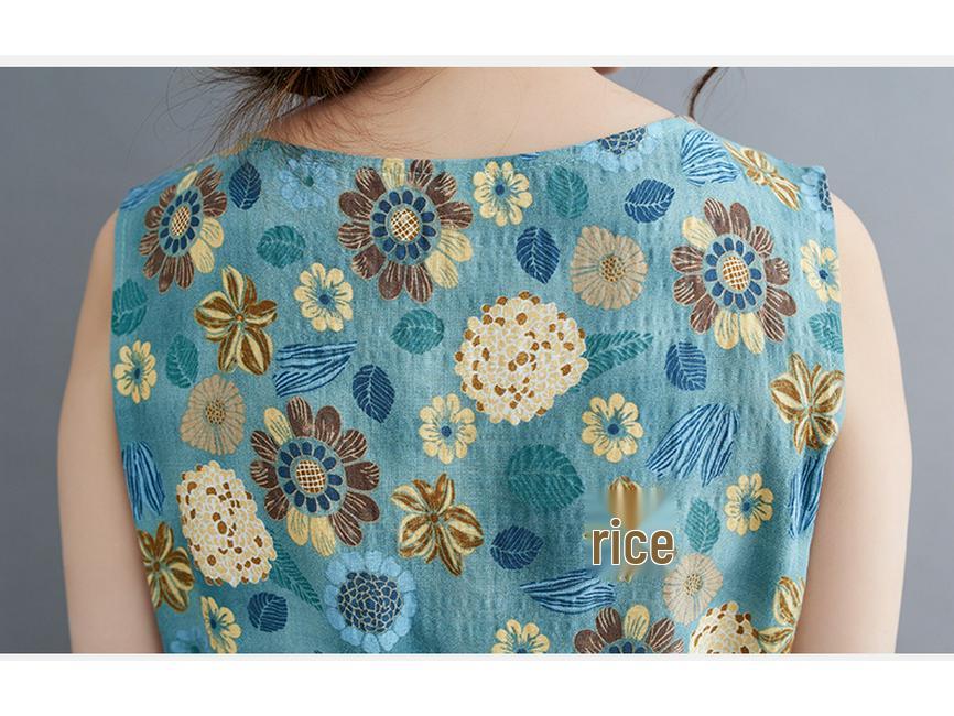 2025 Mori Girl Pastoral Cotton Linen Floral Sleeveless Plus Size Dress