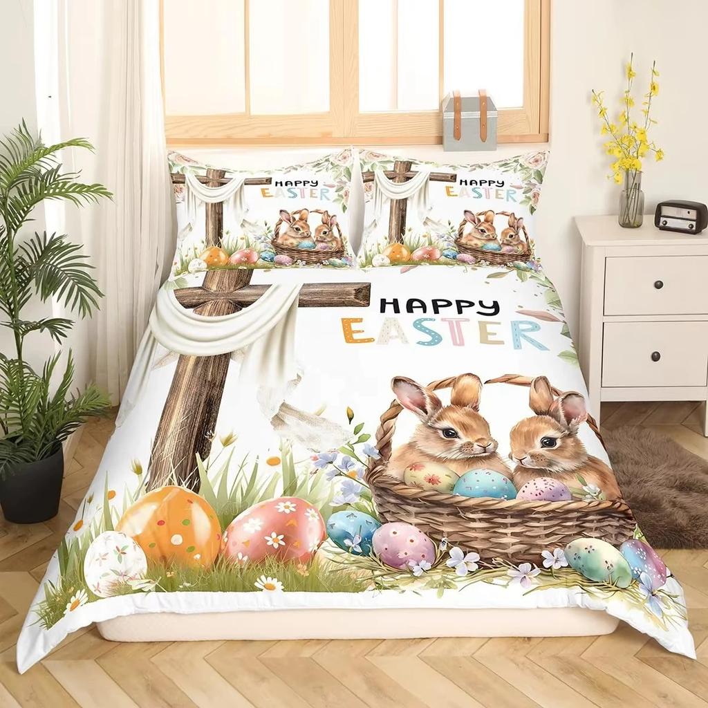Easter Decor Rabbit Duvet Cover Colorful Flowers Bedding Set Girls Kids Room Kawaii Decor Easter Gifts Comforter Cover 2/3 Pcs