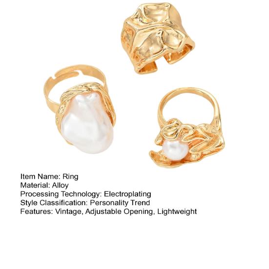 3Pcs Baroque Faux Pearl Ring Vintage Adjustable Opening Alloy Ring Women Golden Finger Ring Fashion Jewelry Accessories