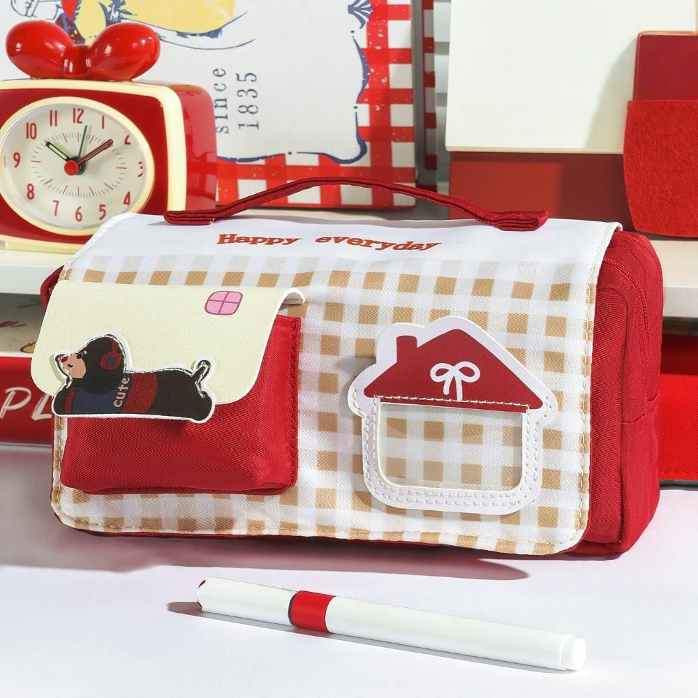 

Pencil Pouch Korean Style Pen Bag Multi-layer Cloth Stationery Bag House Shape Pencil Case Office темно-красного