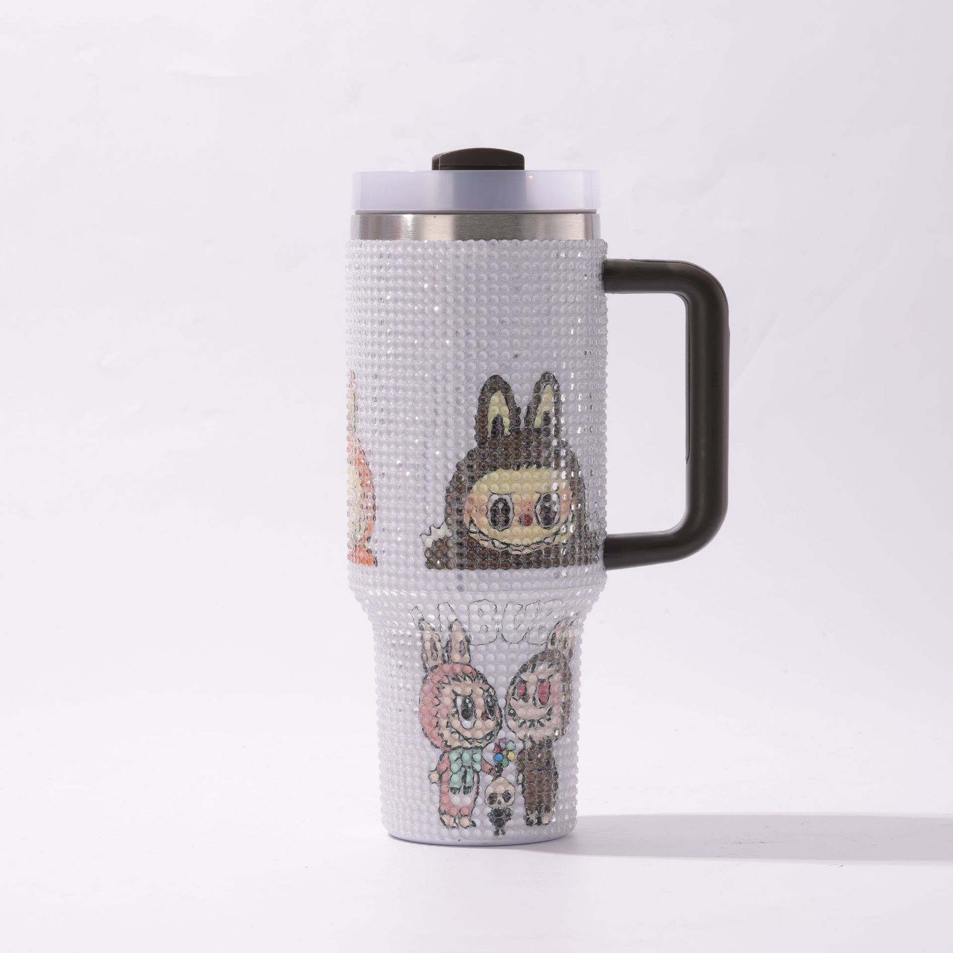 Stainless Steel Labubu Cartoon Diamond-encrusted 40oz Car Cup Handle Stainless Steel Straw Thermos Cup 40oz