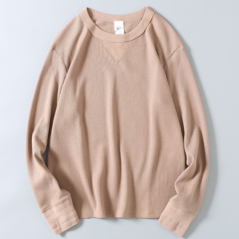 Export Factory Leftover Stock Spring New American Waffle Long-Sleeved T-shirt Men's Solid Color Casual round Neck Bottoming Shirt Fashion