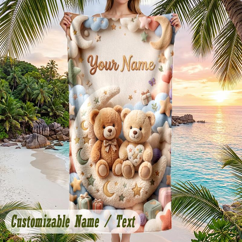 Teddy Bear Theme Beach Towel Personalized Custom Name & Text Soft Quick Dry Beach Towel for Swimming Travel