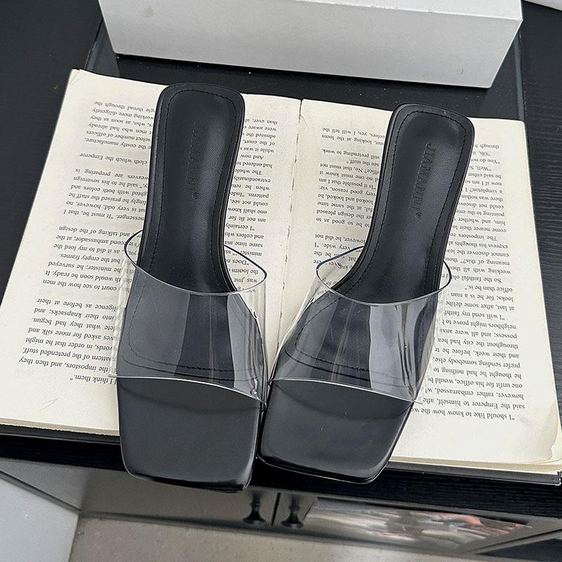 Fashion Fashion Transparent Heels Slippers Shoes For Women Footwear Square Toe Ladies Medium Heels Slippers Shoes Female Slides Sandals