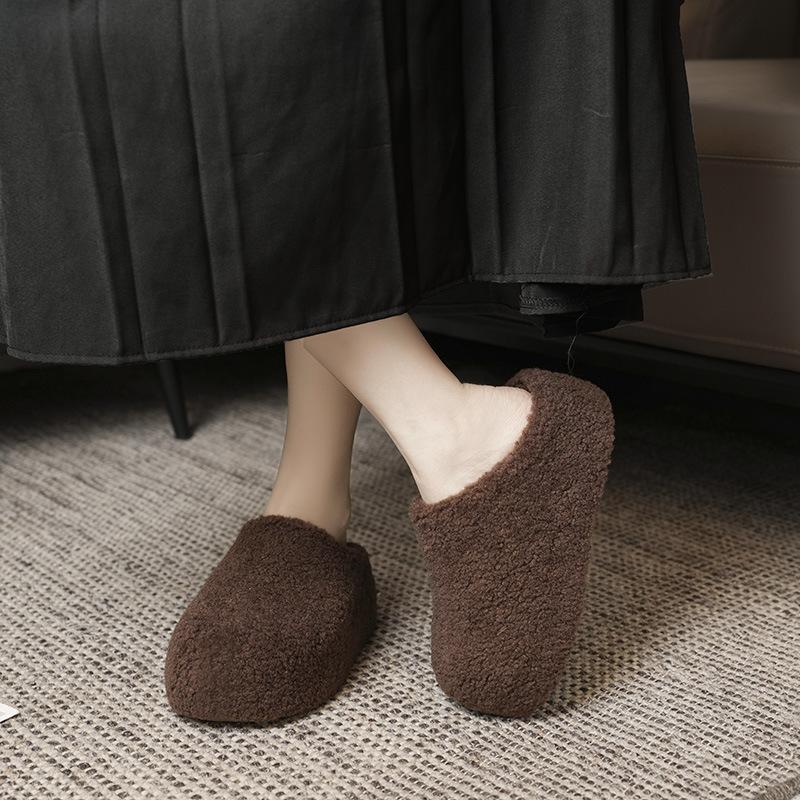 Women's retro lightweight comfortable non-slip heightening winter warm plush lining non-slip durable casual cotton one-step slippers