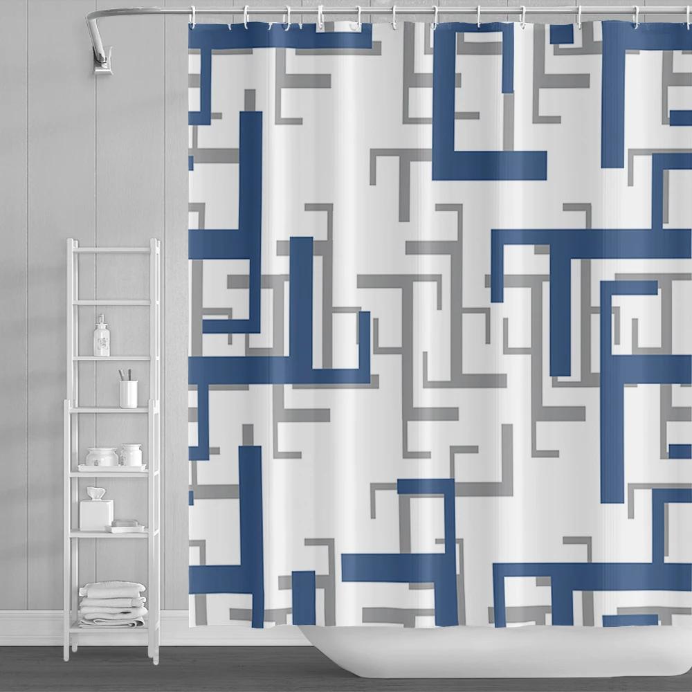 Modern Geometrischer Duschvorhang Blau Wasserdichte Duschvorhänge Polyester Badvorhang Badezimmer Strukturierter Stoff Maschinenwaschbar