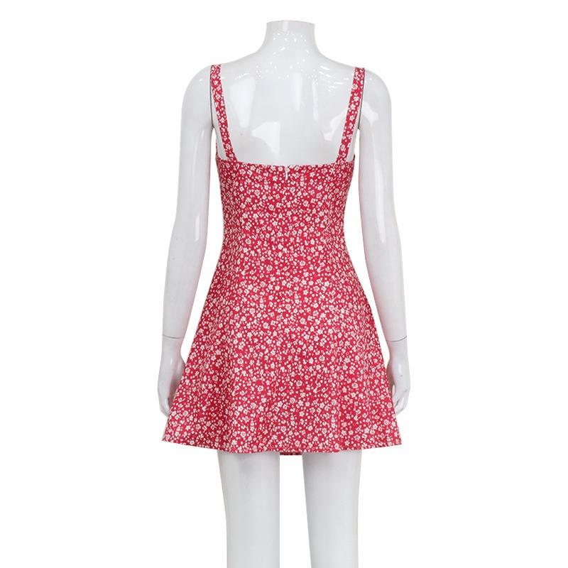 French Spring/summer Women's Fashion Print Halter Dress Square Neck Backless Fresh Sweet Floral