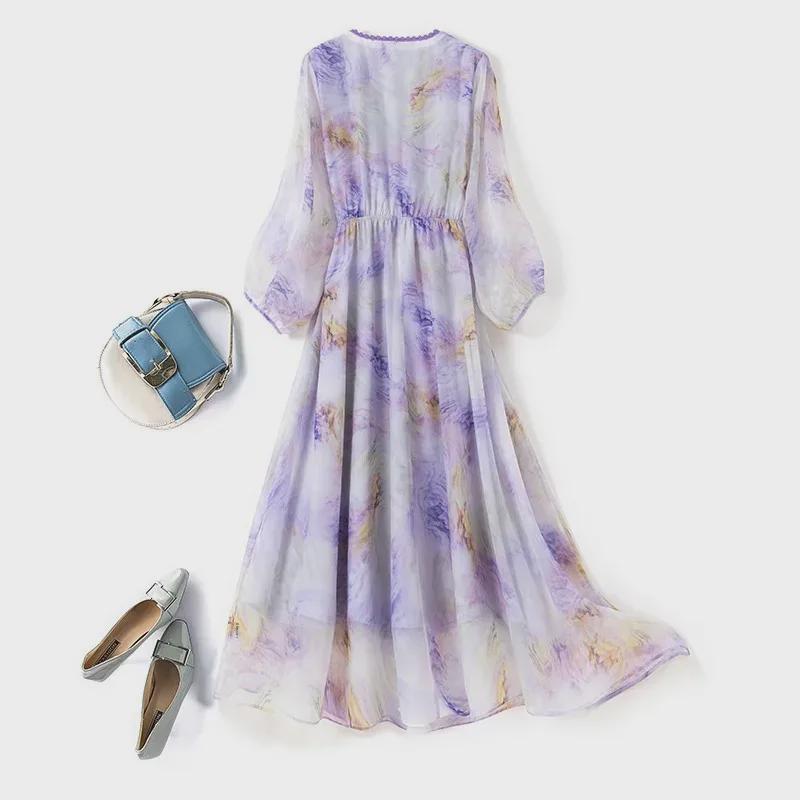 Plus Size Women's Purple Blue Chiffon Tea-Length Dress - Slimming & Flattering, Autumn 2023 Collection