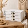 Three Compartment Wooden Desk Storage Cabinet, Tabletop Box with Metal Pulls for Mail, Jewelry, Office and Dresser Area