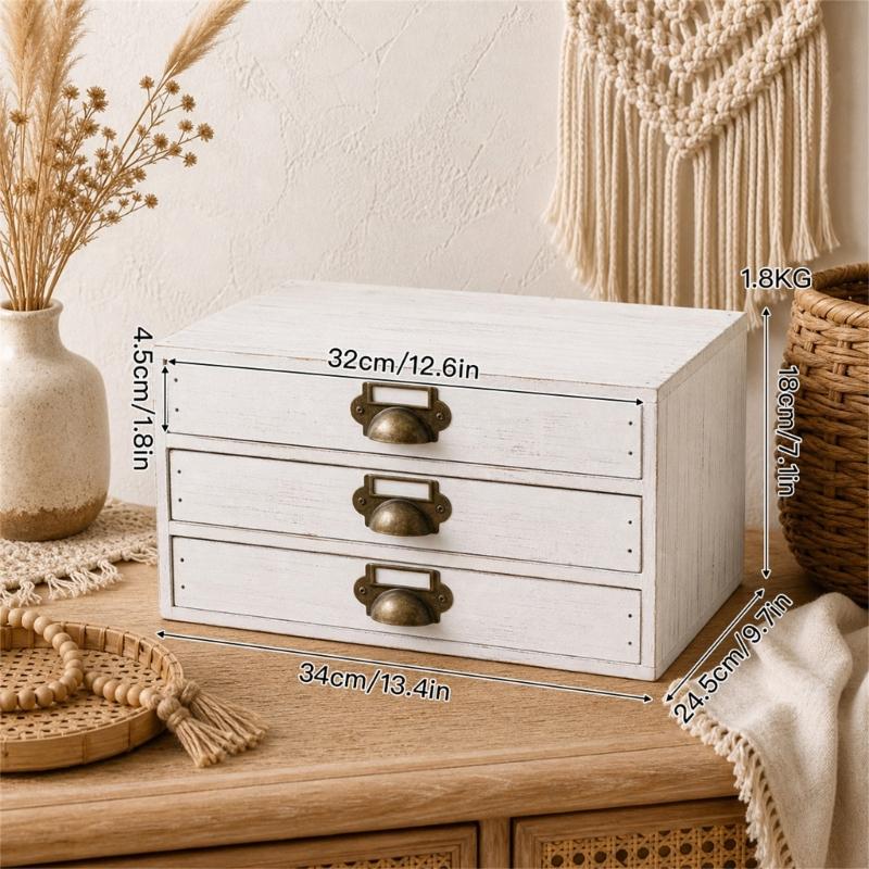 Three Compartment Wooden Desk Storage Cabinet, Tabletop Box with Metal Pulls for Mail, Jewelry, Office and Dresser Area