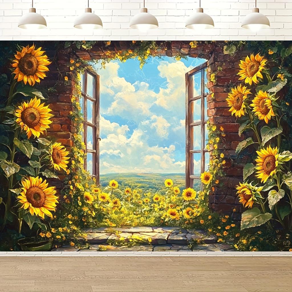2D Plane Realistic Sunflower Window Backdrop Fabric Yellow Sunflowers and Green Leaves Polyester Fiber