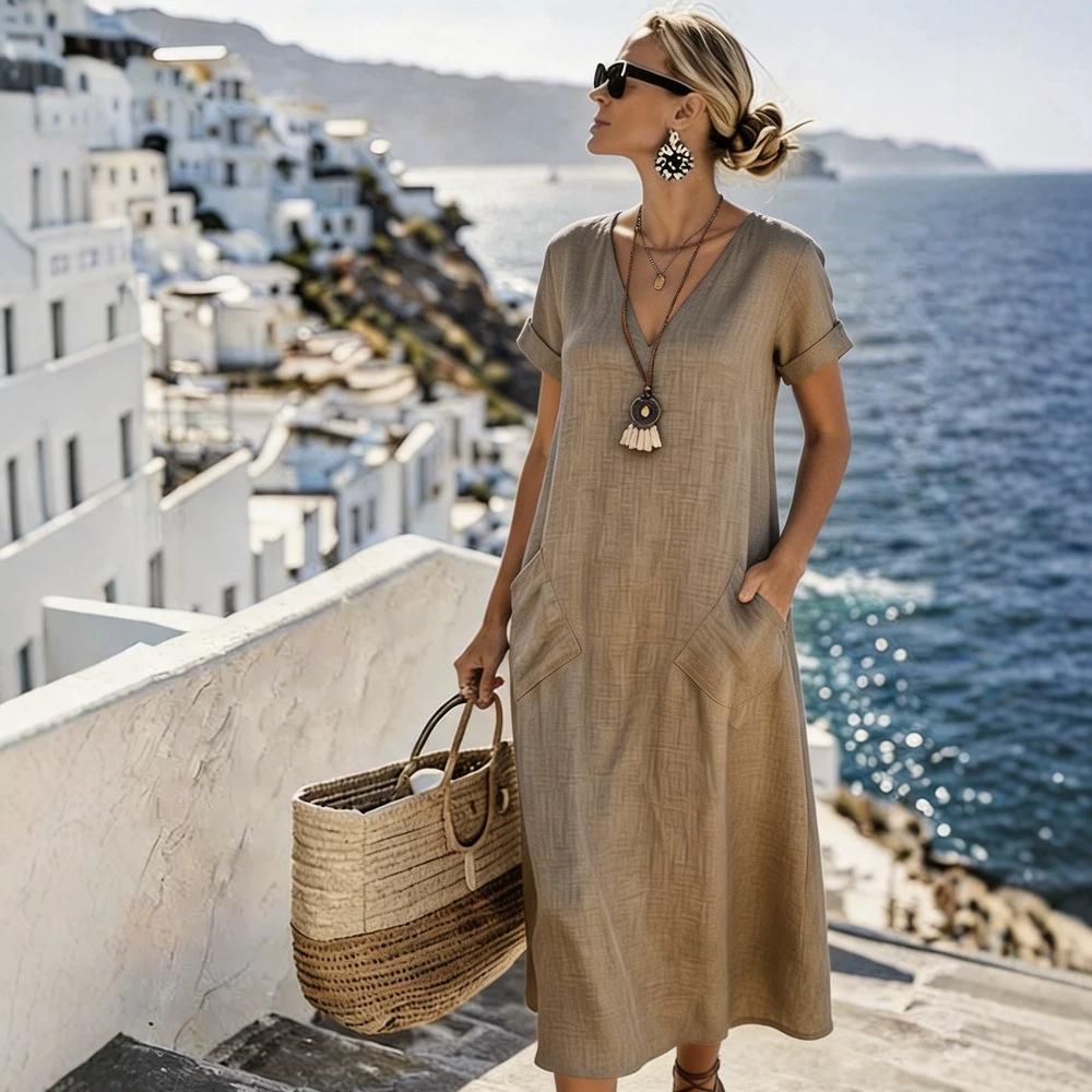 Amazon 2026 Temperament Short-sleeved V-neck Pocket Pendulum Loose Casual Vacation Style Long Dress