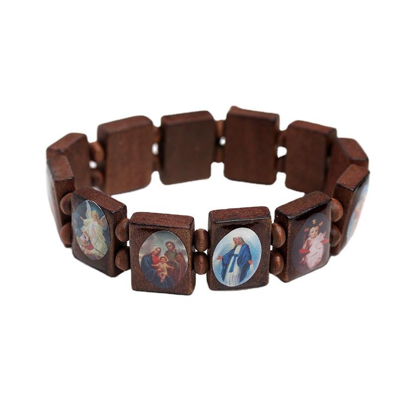 Natural Wooden Catholic Jewelry Virgin Mary Jesus Christian Faith Rosary Bracelet Religious Jewelry Wholesale