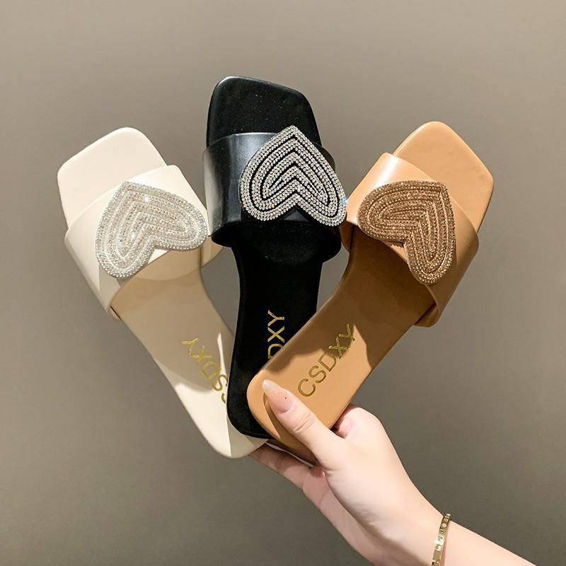 Women Slippers Summer Flat Slippers Women's Square Head Rhinestone Love African Large Size One-Size Slippers