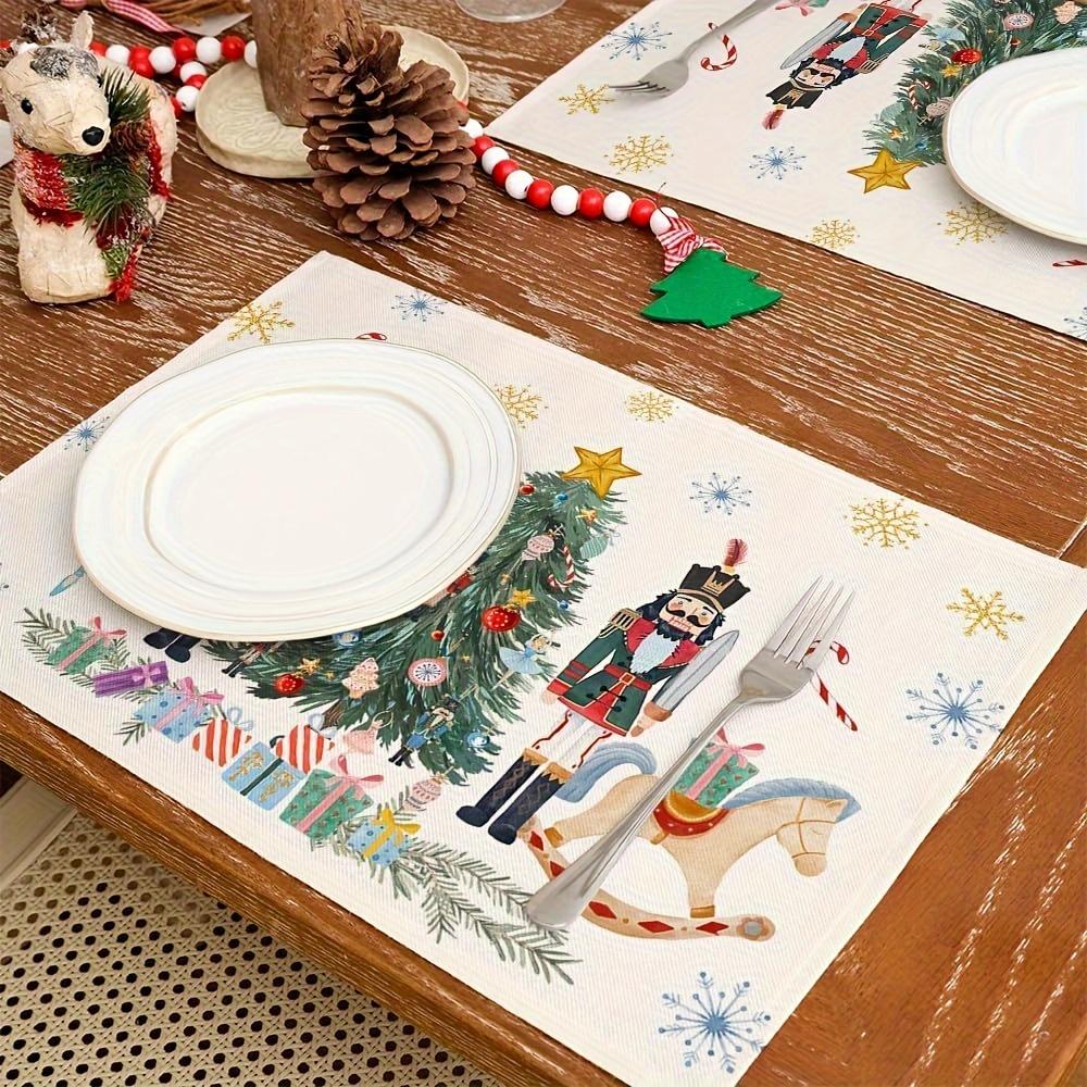 Christmas Placemats Set of 4 - Hand Wash Only Polyester Table Mats, Nutcracker and Xmas Tree Design, Woven Rectangle Holiday Dec