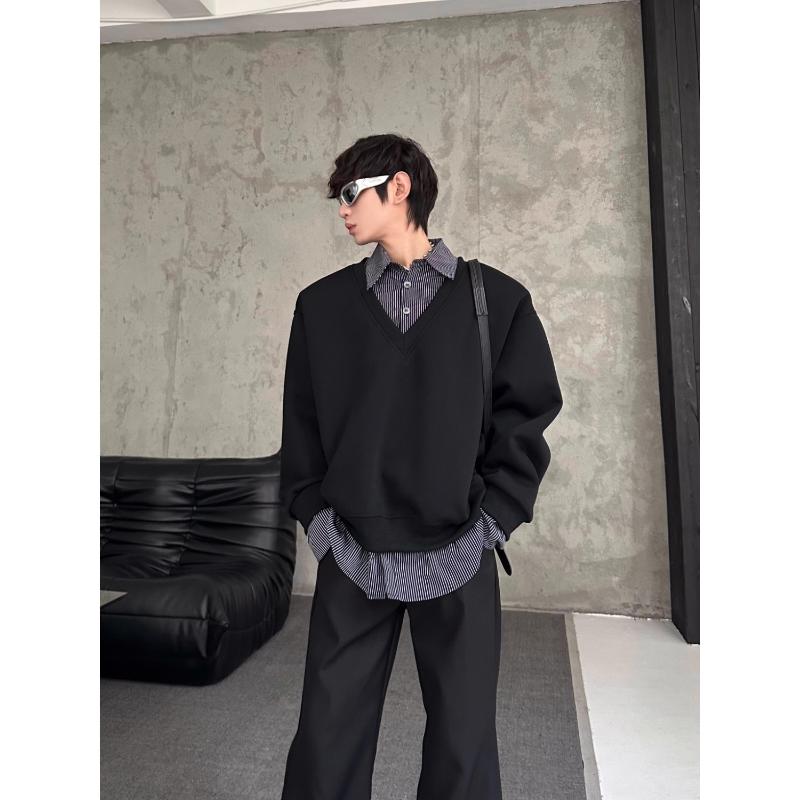 Men's Spring Autumn New Korean Style Niche Stylish Design Fake Two-Piece Spliced Sweatshirt Solid Color Versatile Loose Top