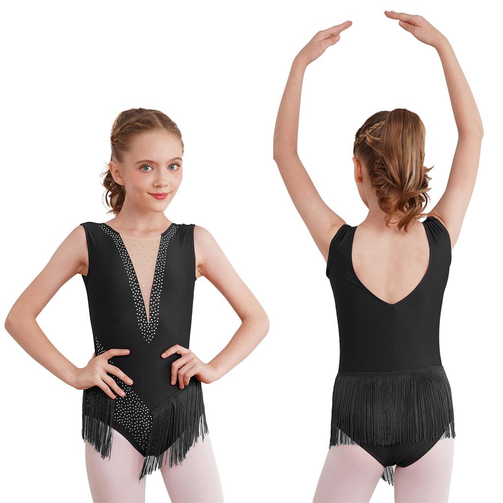 Kids Girls Ballet Latin Dance Leotards Figure Skating Performance Costume Shiny Rhinestone Tassel Gymnastics Bodysuit Dancewear